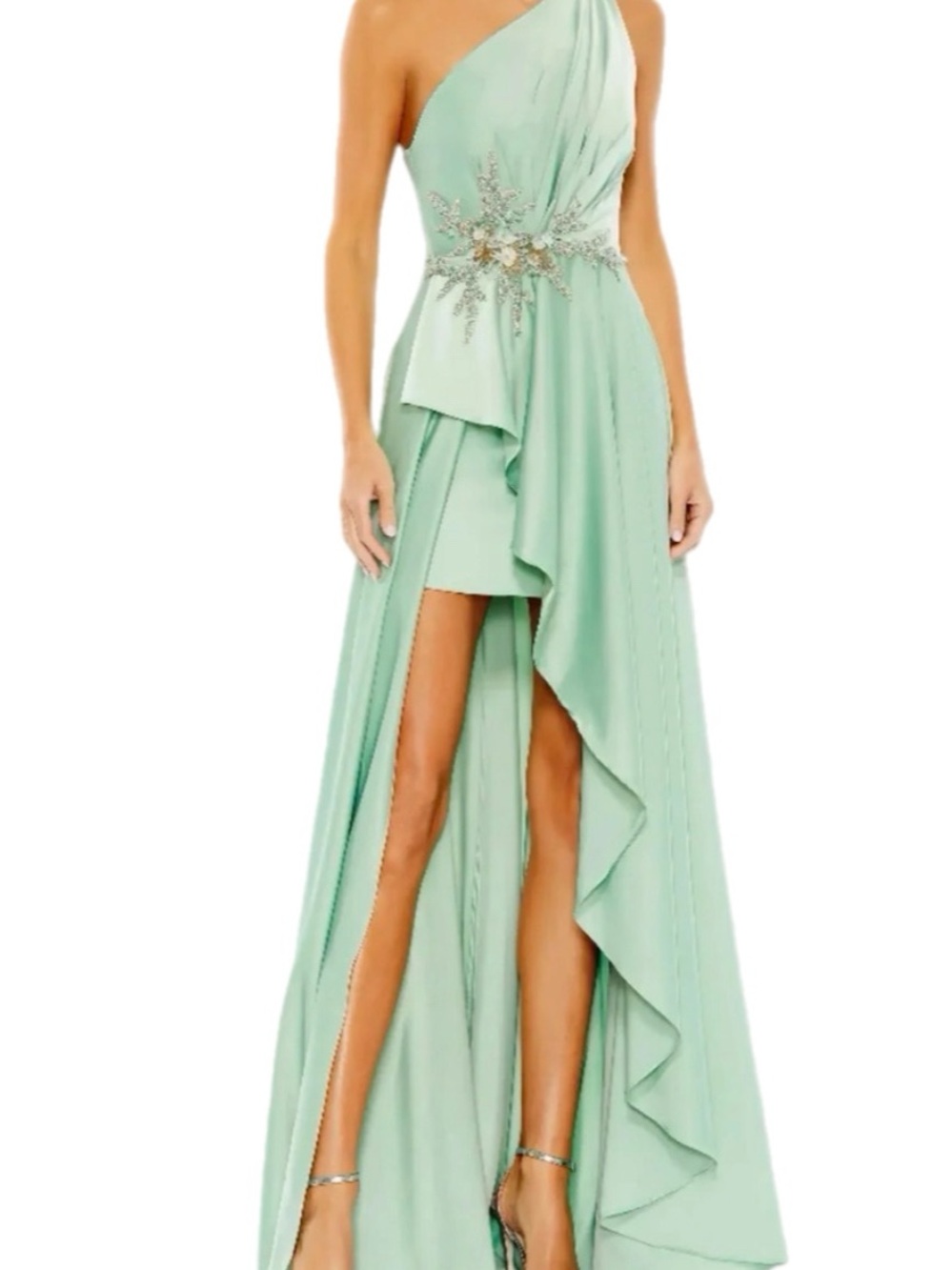 NWT Mac Duggal $398 MSRP Sage Green One Shoulder Satin 3D Floral Embellishments